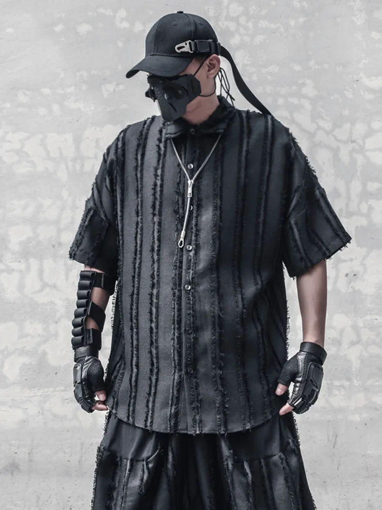 

Summer Dark Vertical Striped Short Sleeve Shirt Avant-Garde Loose-Fitting Tassel Casual Half