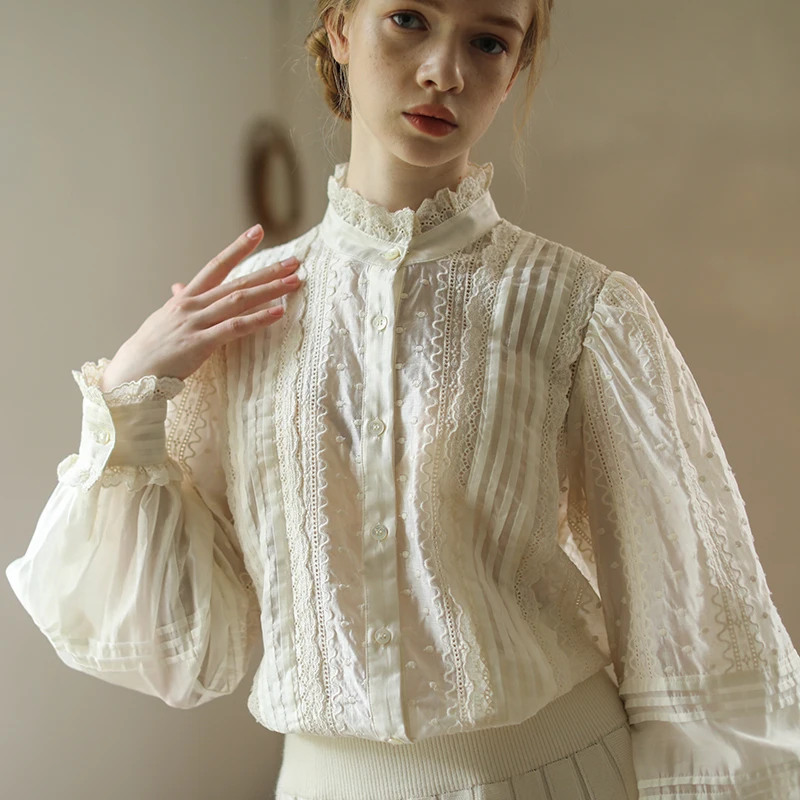 100cm Bust Spring Summer New Arrival Women Vintage French Style Mori Girls Exquisite Anthocaulus Embroidered Shirts/Blouses