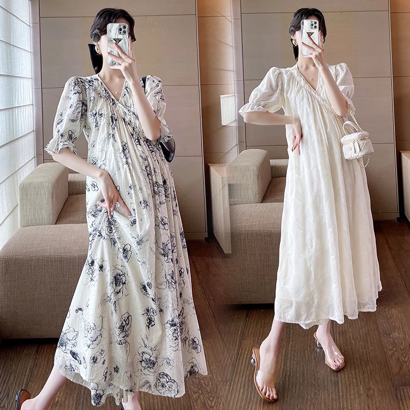 8251# Summer Korean Fashion Maternity Long Maxi Dress Fashion V neck Loose Straight Clothes for Pregnant Women Stylish Pregnancy