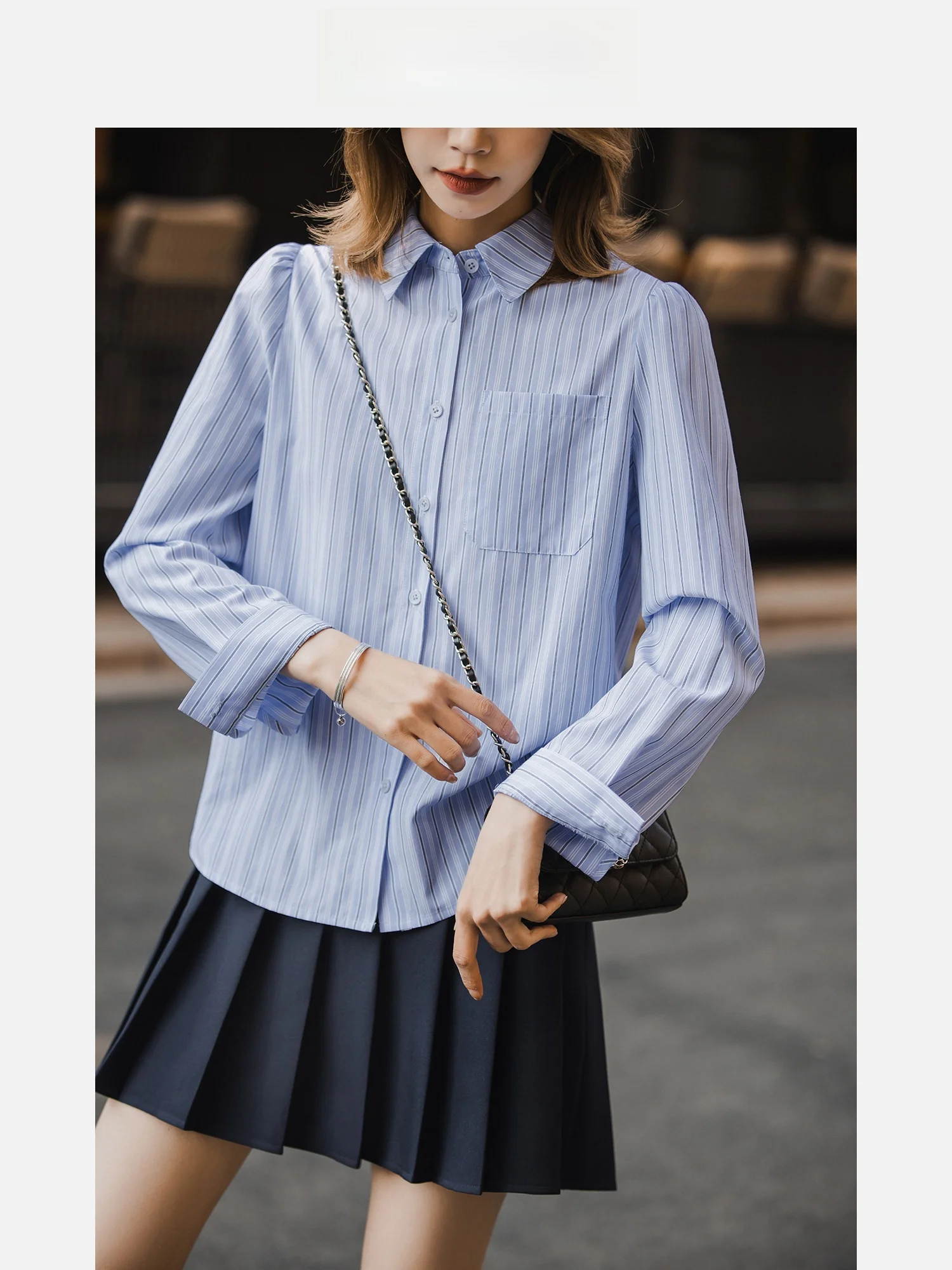 

Синяя полосатая блузка с рукавами-фонариками, женский повседневный топ, модная новинка весенней коллекции, утягивающая верхняя одежда