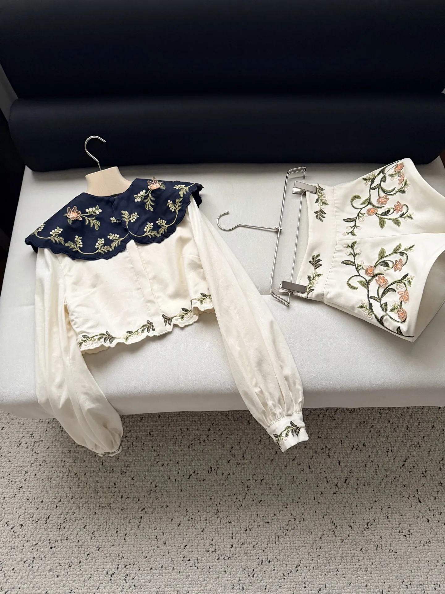 Women Floral Embroidery Pants Suit High Waist Casual Shorts + Detachable Collar Lantern Sleeve Loose Shirt Fashion Linen Suit