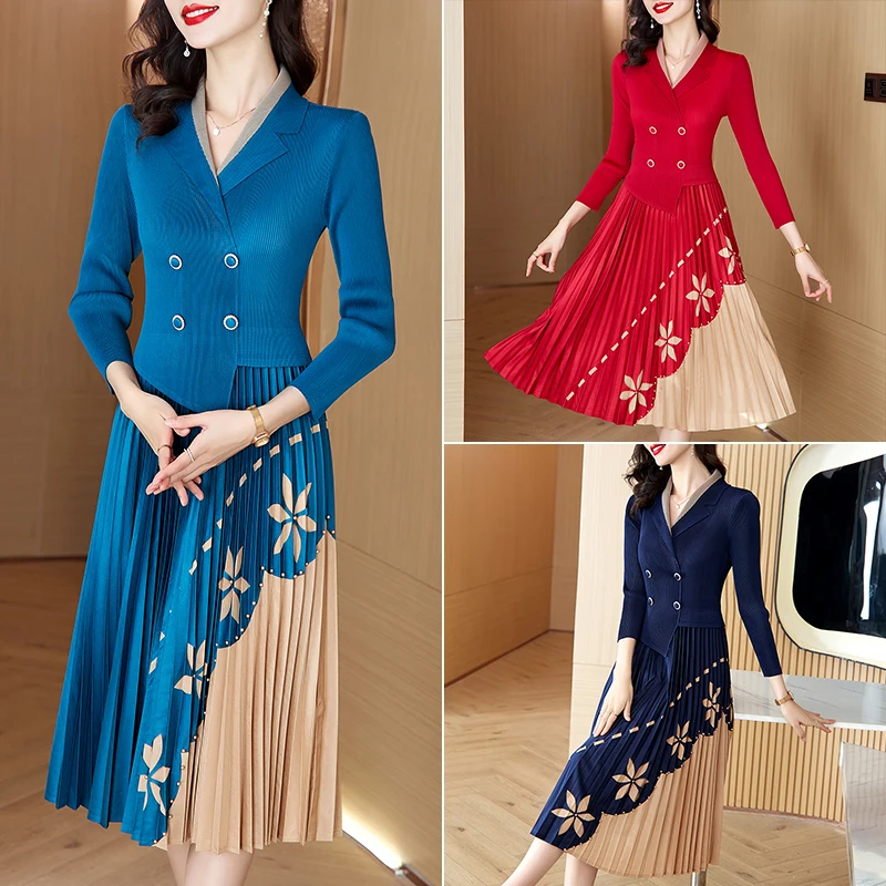 2024 New Pleated Long sleeved Dress with British Style Printed Elastic Suit Collar Slim Mid length Knee Length Dress