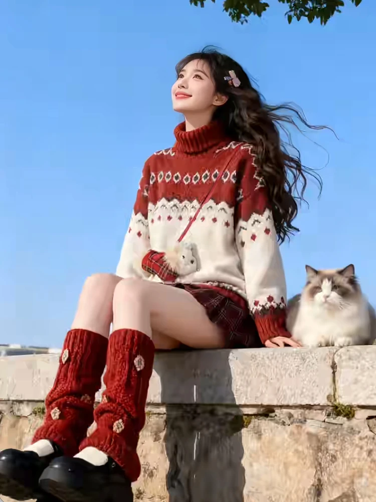 Cisas inverno camisola de malha e saia xadrez conjunto feminino faion duas peças conjunto vermelho fair isle malha princ sle