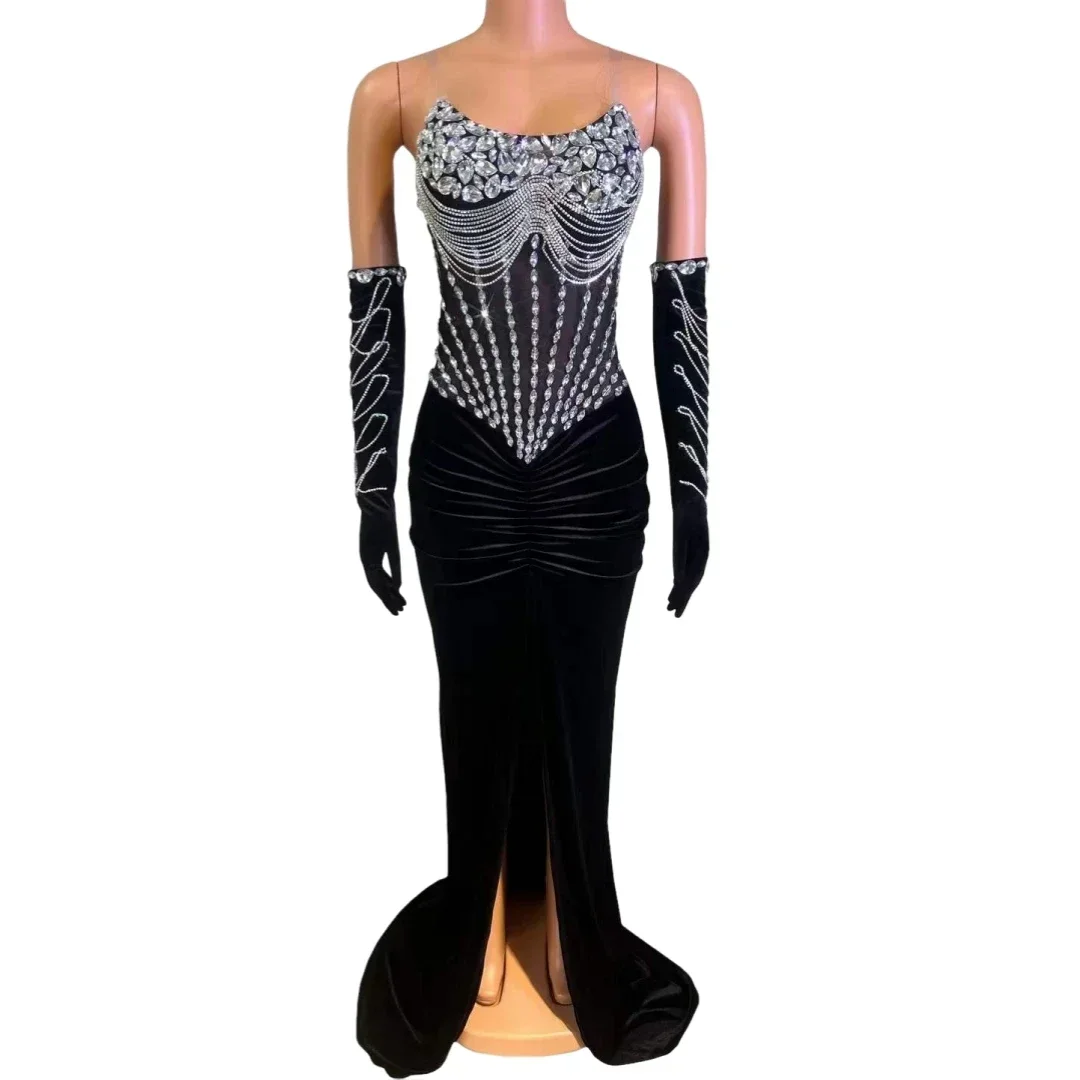 Sparkly Black Hot Drilling Process Rhinestone Women Dress With Gloves Elegant Velvet Dressy Birthday Party Drag Queen Costume