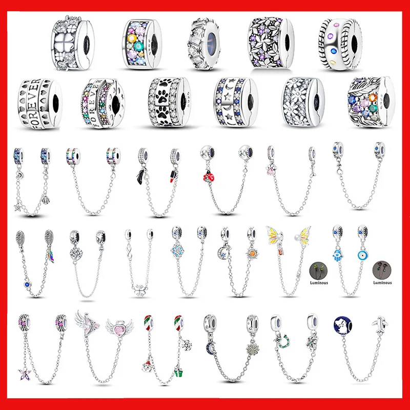 Abalorios de plata de ley 2024 100% para pulsera Pandora Original, cuentas espaciadoras de cadena de seguridad, estrellas y luna, girasol, 925