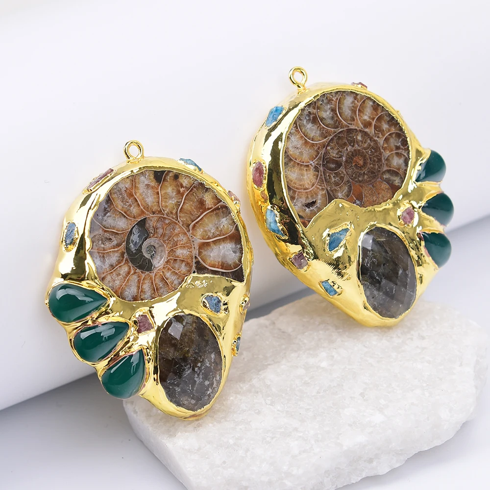 APDGG 2 Pcs Big Natural Conch Green Agate Labradorite Tourmaline Paved Golden Pendant Necklace Jewelry DIY