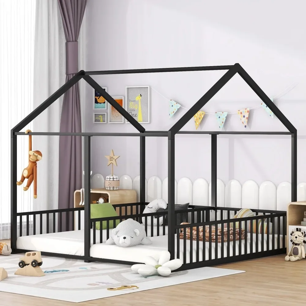 

Metal Double Twin Size House Platform Beds, Two Shared Twin Bed,Heavy Duty Low Floor House Bed Frame with Guardrails and Roof