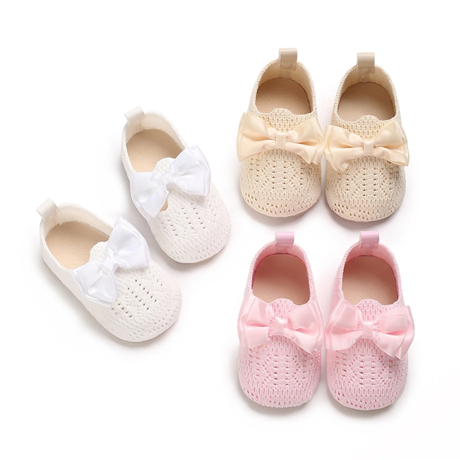 

Baby Girl Summer Knit Shoes Solid Color Bow Decor Non-Slip Soft Sole Adorable Shoes