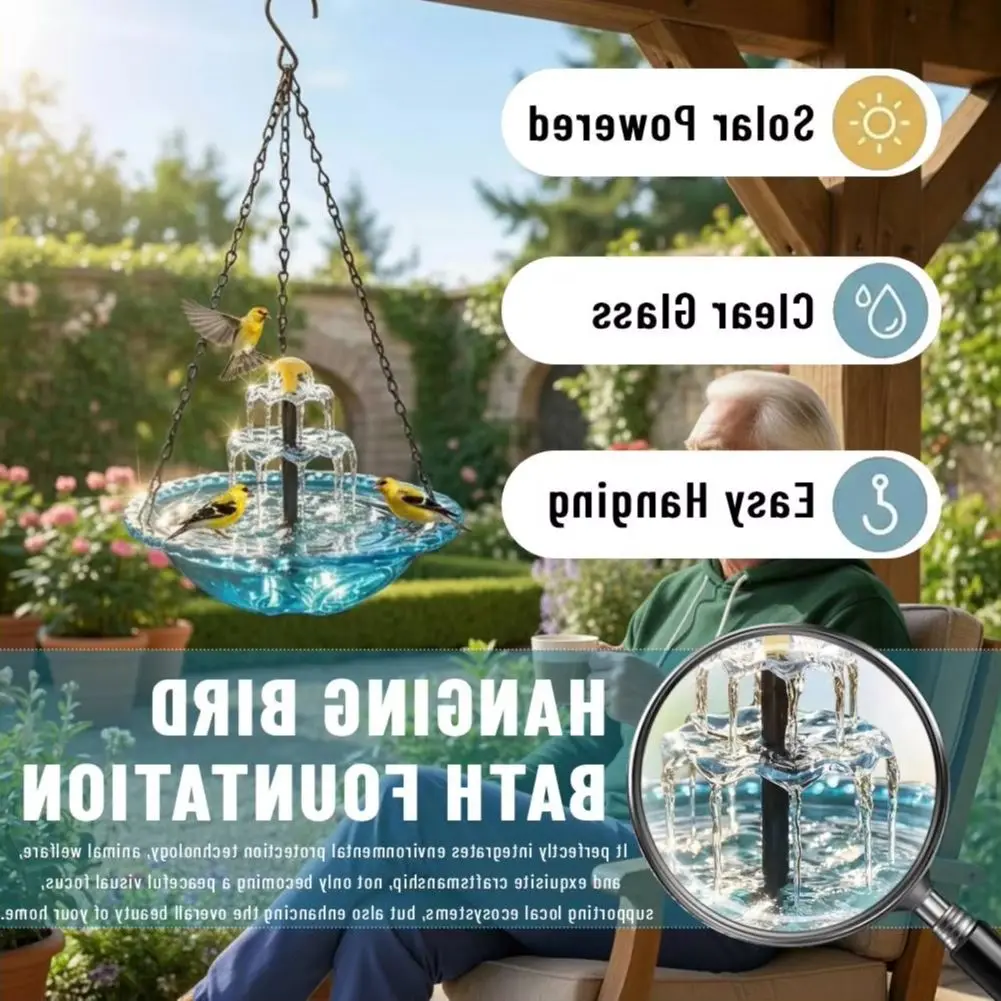 Cascade Hanging Bird Bath Fountain for Outside, Solar Wild Birds Feeder W/Solar Water Pump, Feeding Station for Garden Courtyard