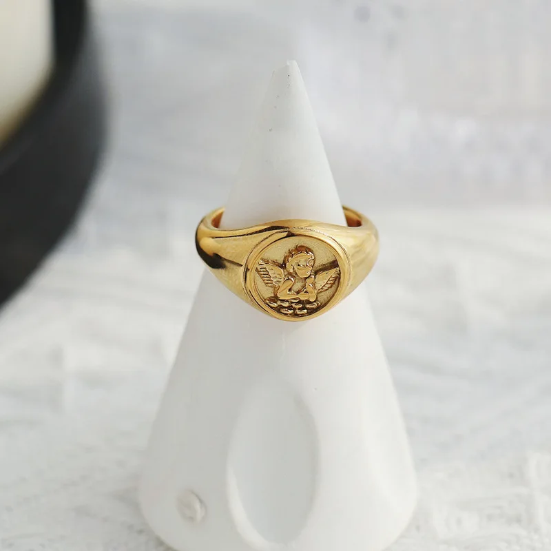 Angle Cupid Ring for Men Women Round Seal Gold Color Titanium Steel Accessories Vintage Charm Wedding Engagement Jewelry(GR295)