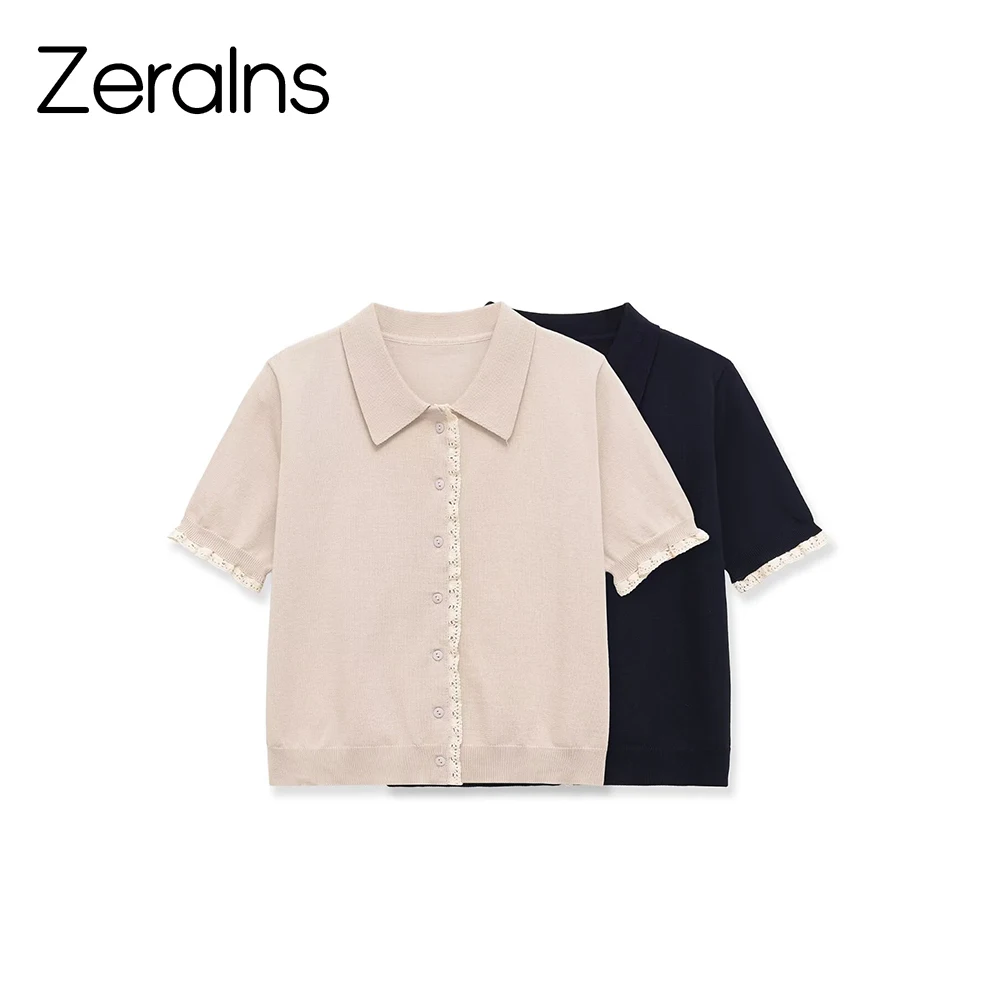 ZERAINS 2026 Summer New Product Women's Wear Color Contrasting Lace Decoration Short Sleeve Polo Collar Knitted Coat