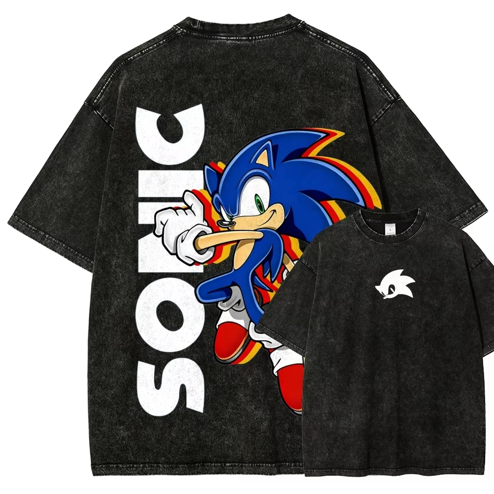 Sonic Washed Streetwear T-Shirt 2026 New Model Personality Clothes Shirt Year Round Clothing Trendy Graphic Tee Fashion Unisex