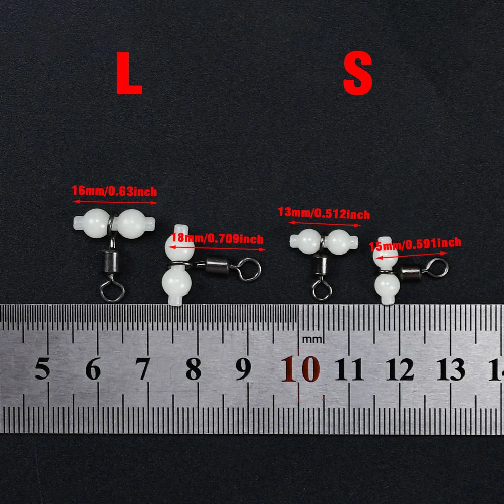 MNFT 50Pcs Fishing 3-Way Swivel with Luminous Beads T-Turn Rolling Barrel Connector for Sea Fishing Tackle