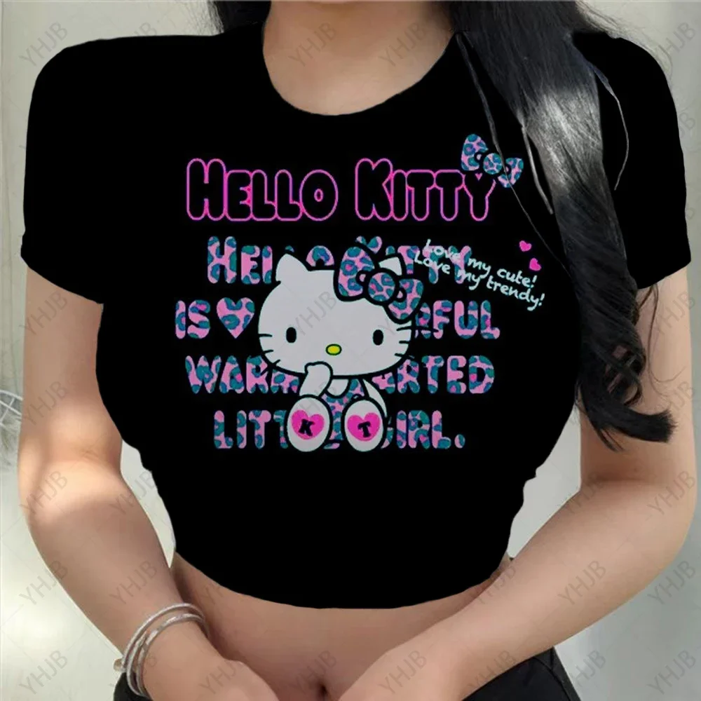 Women's Y2K Sexy Slim Short Sleeve Round Neck Crop Top Tmall Harajuku Kawaii Hello Kitty print Crop Tee Street Fashion Women