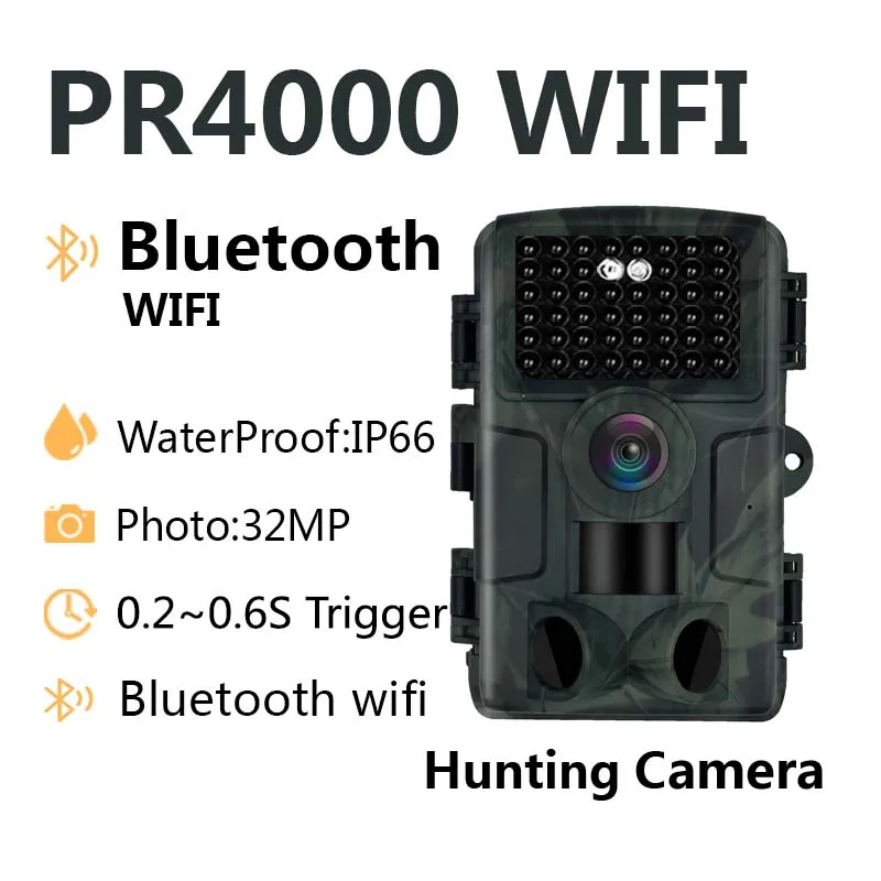 

WiFi Hunting Camera Bluetooth PR4000 1080P 32MP Infrared Night Vision IP66 Waterproof 2.0 inch LCD Wildlife Scouting Trail Photo