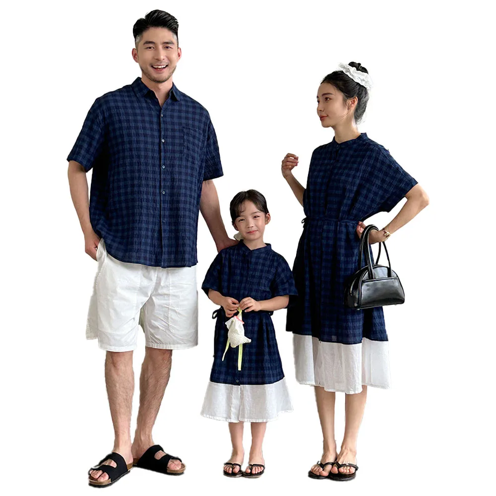 

Summer Minimalism Shirt Dress Maxi Mom Daughter Beach Holiday Family Clothes Outfit Checkered Shirts and White Shorts Dad Son