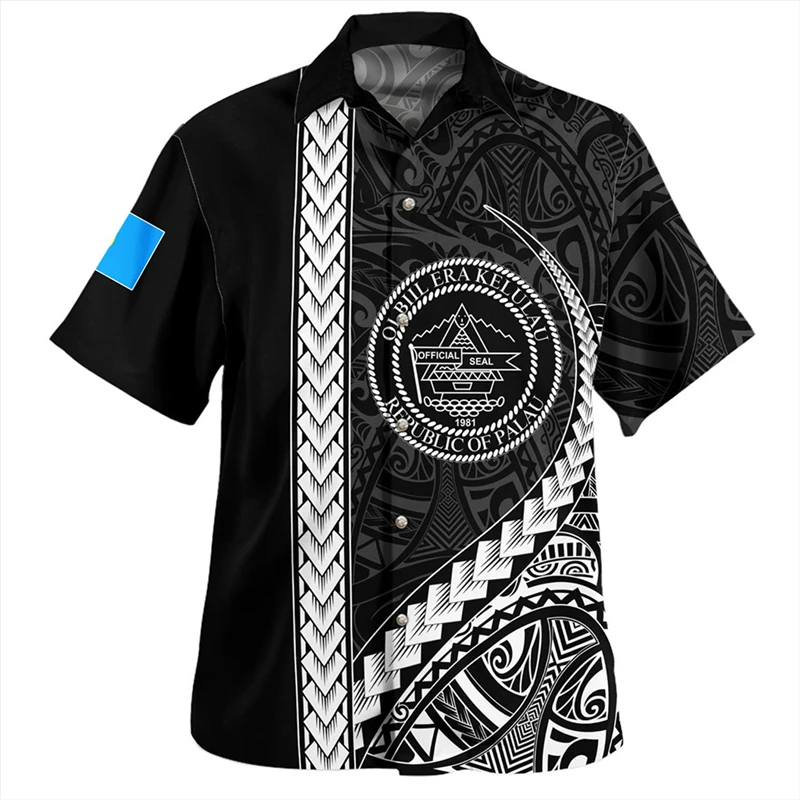 Polynesia Mens Shirts Turn-Down Collar Shirt Samoan Tribal Ethnic Men\'s Vintage 3D Tops Shirt Hawaiian Casual Short Sleeve Tees