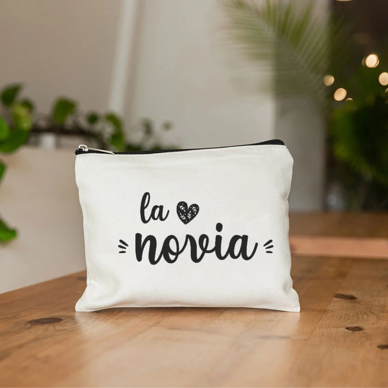 2023 La Novia Font Printing Canvas Linen Zipper Cosmetic Bag Skincare Storage Organizer Pencil for School Girl Express Your Love