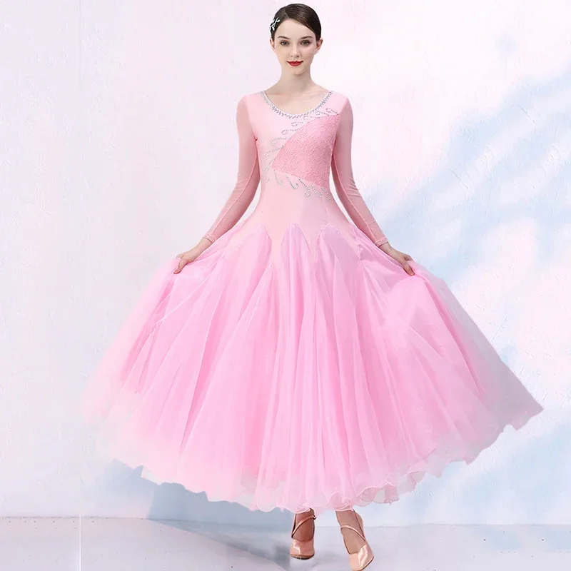 2023 New Pink Ballroom Dance Dress Women Performance Lace Waltz Practice Clothes Big Swing Competition Modern Standard Costumes