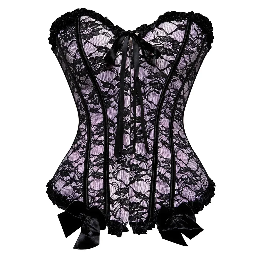 Women Gothic Corset Top Vintage Plus Size Floral Lace Overbust Bustier Lingerie Purple Red Corselet