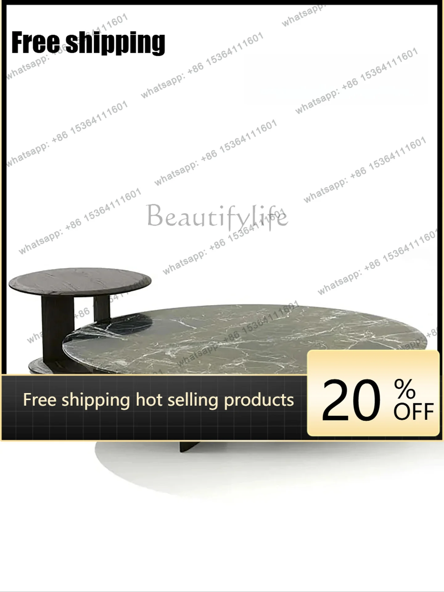 Factory Direct Italian Minimalist Size Round Coffee Table Light Luxury Saddle Leather Villa Living Room Natural Marble Coffee Ta