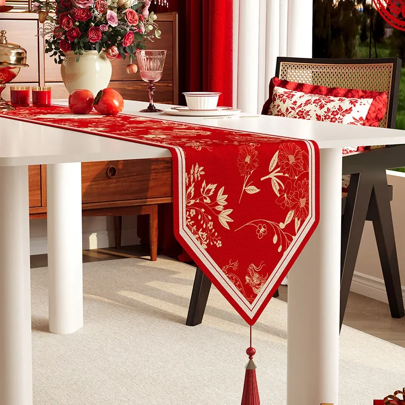 Classical Chinese Style Table Runner Red Embroidery Table Flag Decoration for Wedding Party with Tassels Long Strip Table Flag