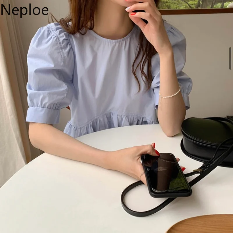 Neploe Korean Sweet Fluffy Ruffle Blouse Women Vintage Puff Sleeve Temperament Shirts Fashion O Neck Simple Loose All-match Tops