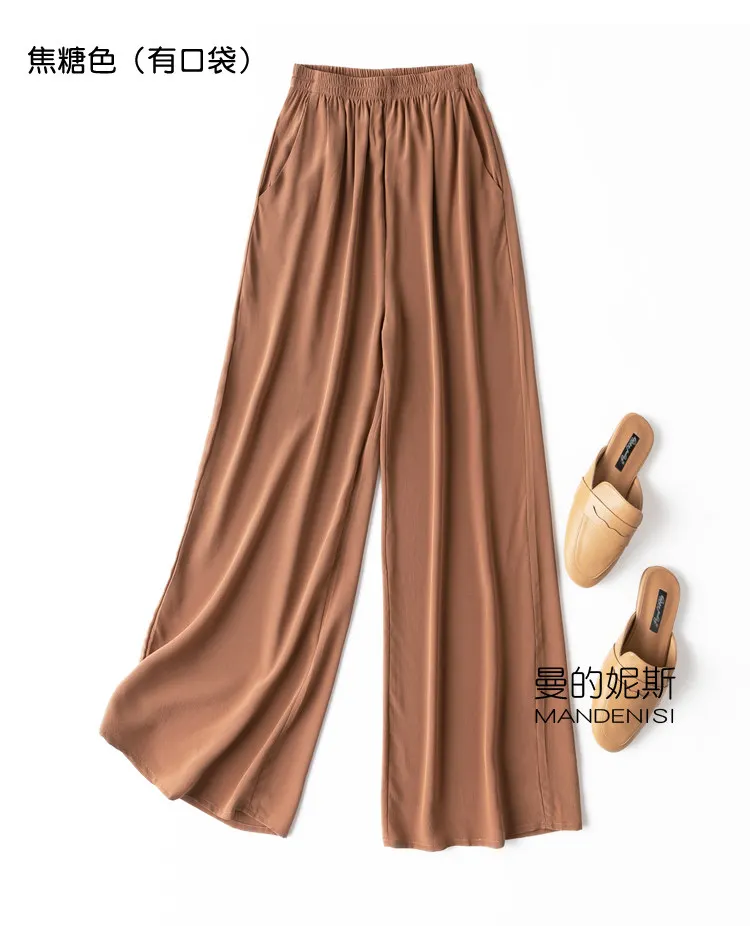 Tcyeek 100% Natural Silk Pants Women Summer Clothes Casual Elastic Waist Wide Leg Pants Solid Color Woman Trousers Streetwear