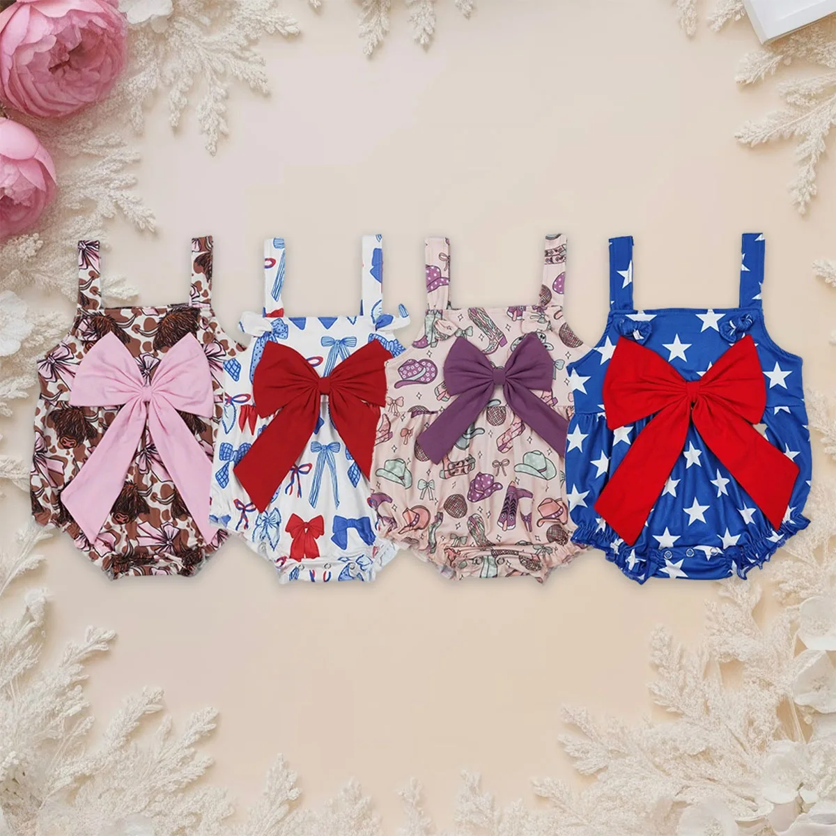 

Newborn Sibling Baby Girl 4th of July Holiday Big Bows Rompers Cotton Kids Jumpsuit Cute Toddler Children Clothing Wholesale