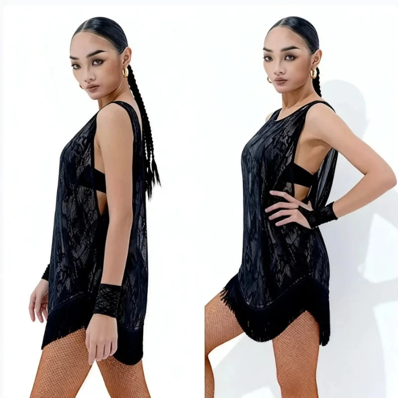 2025, Sommer-Latin-Tanzkleid für Frauen, schwarzes Leibchen-Kleid, sexy rückenfreier Quastenrock für Erwachsene, Cha Cha, Latin-Tanz-Trainingskleidung