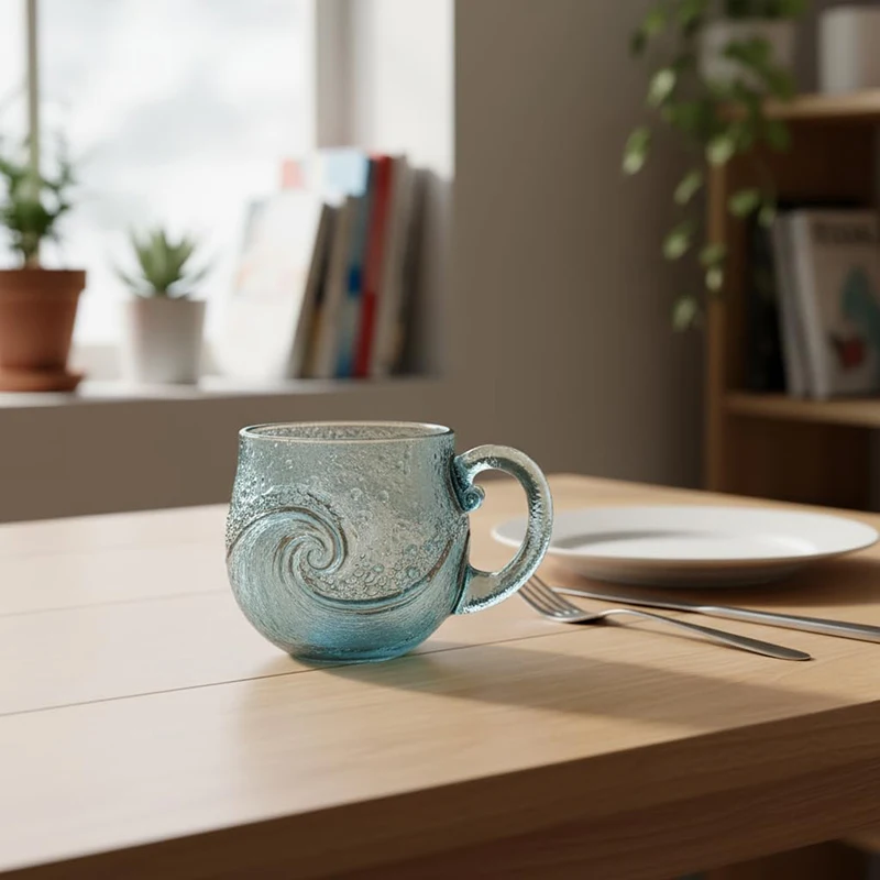 Sea Glass Wave Mug 12 Oz Handblown Ocean Wave Glass Mug Cup Unique Textured Beach Theme Mug For Tea Wine Handcrafted Sea Inspire