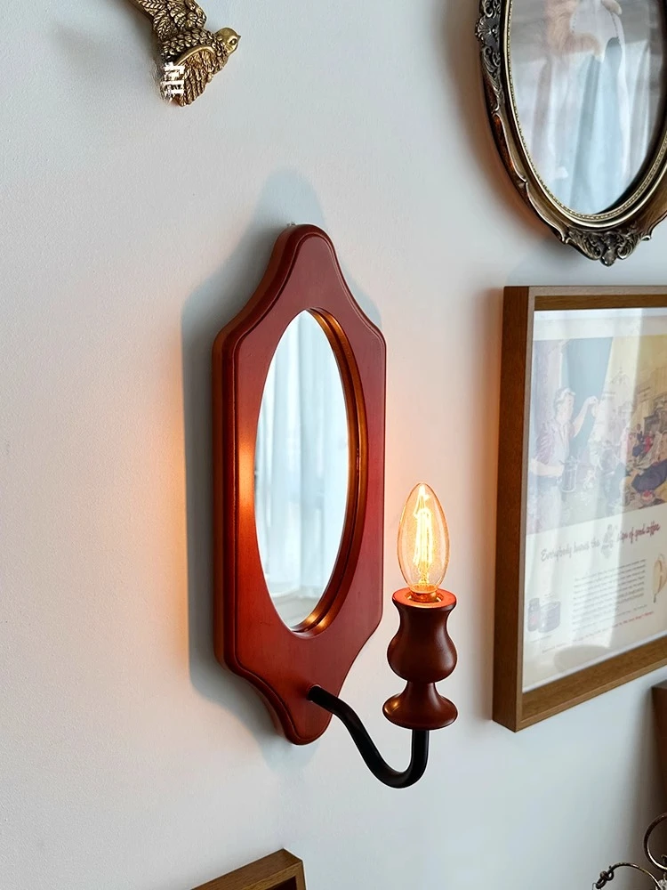 

Retro Japanese American country solid wood walnut color mirror wall lamp bedside living room bed and breakfast lamp