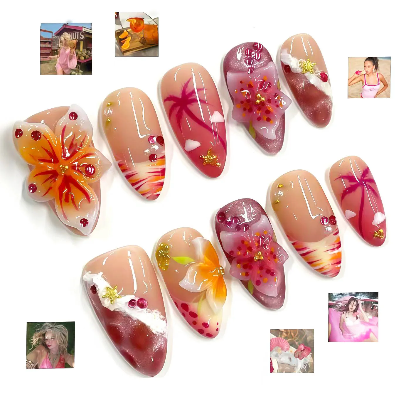 24Pcs Island Sunset Vacation Style Press on False Nails 3D Flower Starfish French Finger Nail Cat's Eye Diamond Detachable Nails