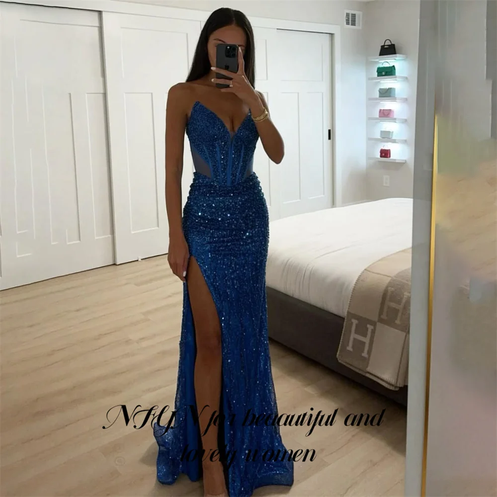 NFYN Navy Blue Sexy Prom Dresses V-Neck Hollow Prom Gown with Fishbone Shiny Sequins Side Split Formal Gown 프롬 드레스 Customized