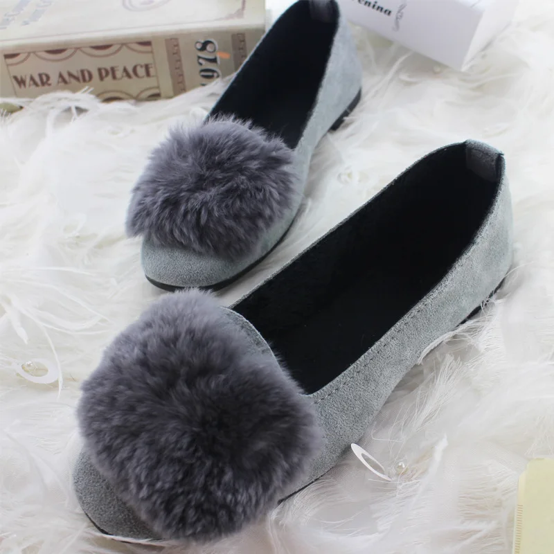 Autumn And Winter  Square Head Rex Rabbit Hair Flat Bottom Laden Velvet Shallow Mouth Single Shoes 7293