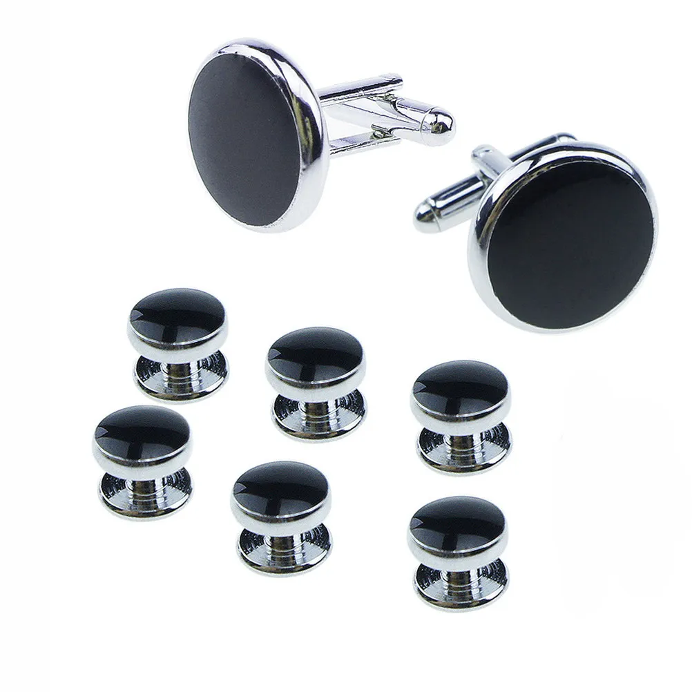 8Pcs Mens Cufflinks Studs Set Black Silver Round Polished Surface Secure Back Closure Perfect Daily Wear Business Wedding