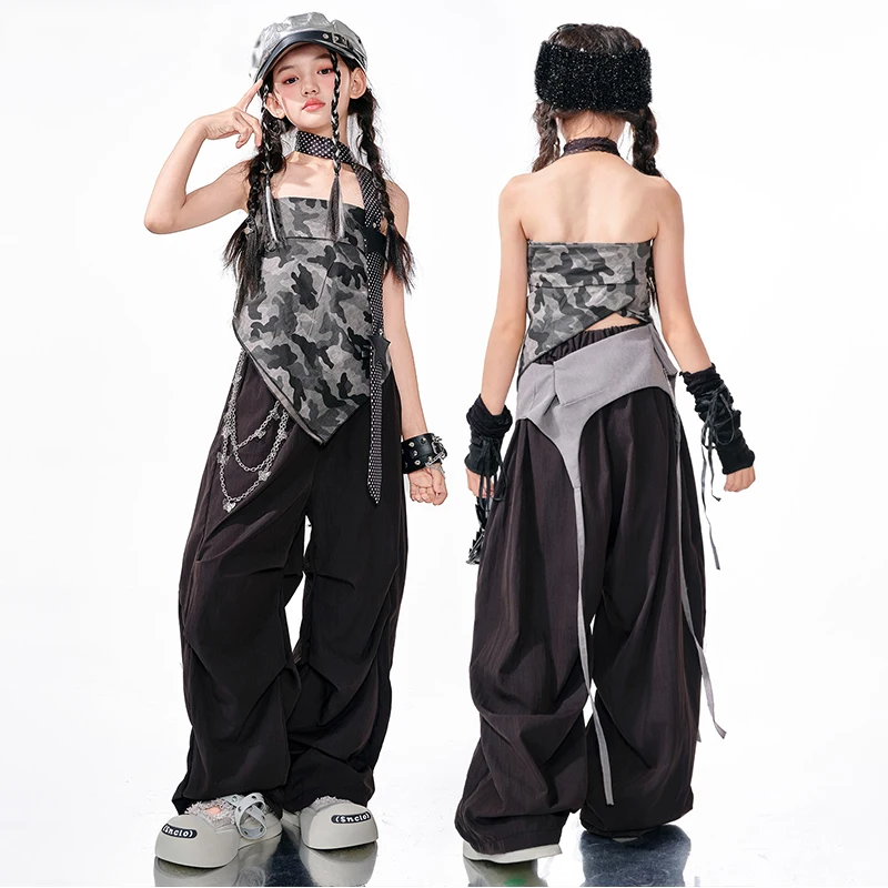 

Jazz Dance Costume Girls Hip Hop Set Camouflage Crop Top Black Loose Pants Kids Street Dance Hip Hop Performance Clothes AMY2194