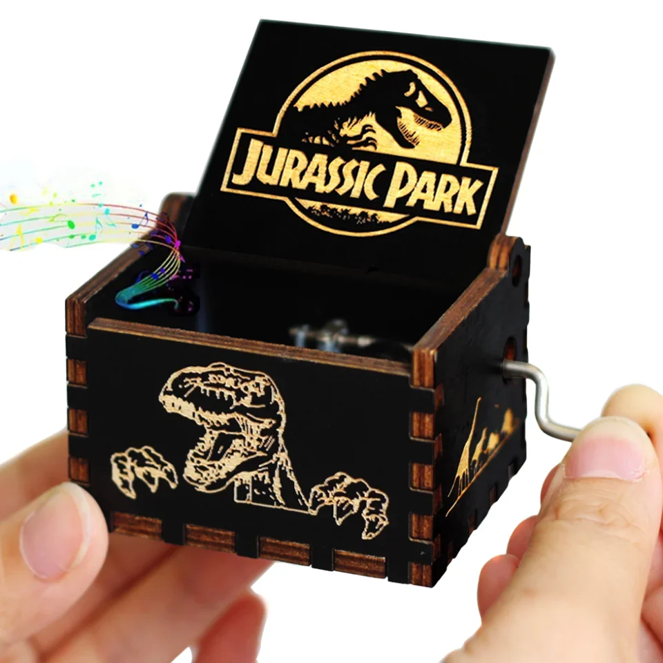 Hot Antique carved Wooden Hand Crank Jurassic Park Music Box figure Happy Halloween Christmas Birthday Gift