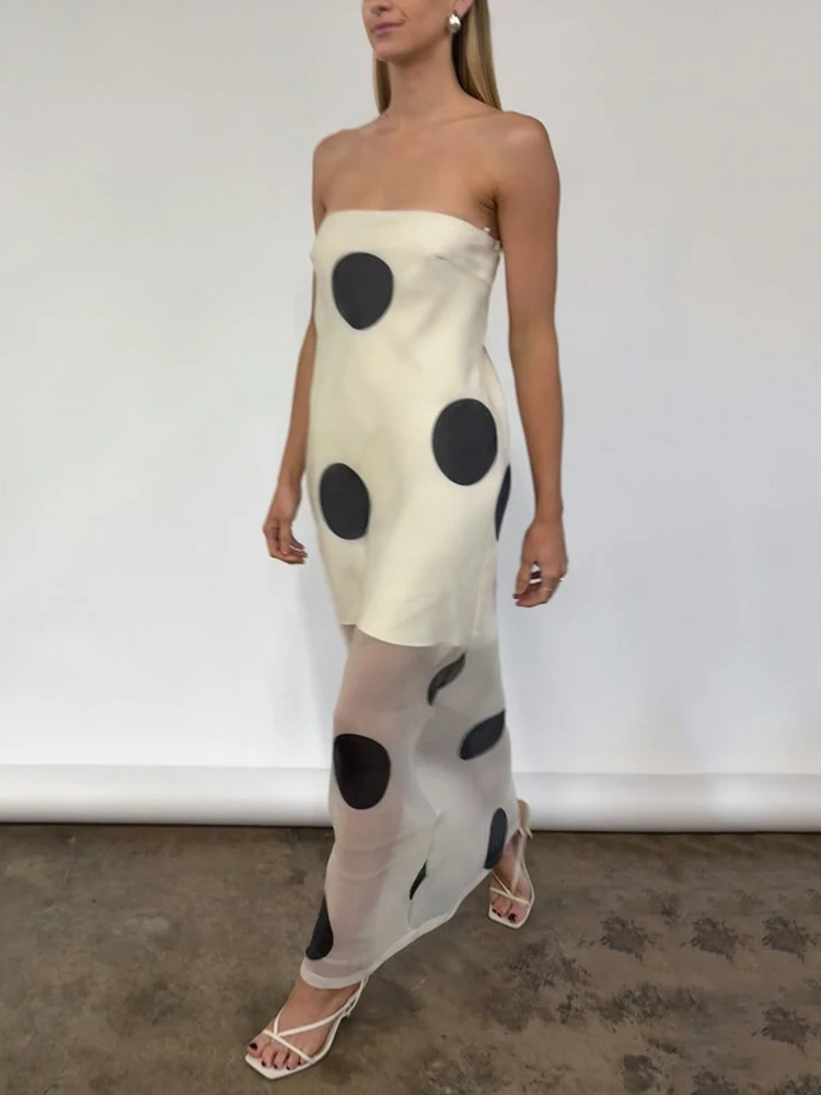 Oniflyme Polka Dots Gedruckt Patchwork Maxi Kleid Frauen Kleid Spaghetti Strap Backless Durchsichtig Outfits Party Elegante Kleider