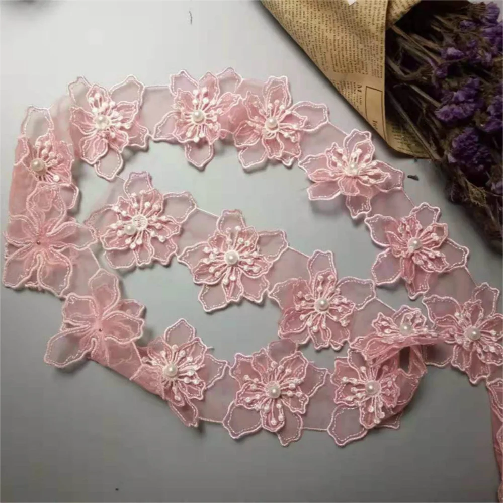 1 yards Pink 8cm Pearl Flower Embroidered Lace  Trim Ribbon Floral Applique Fabric Patches DIY Wedding Dress Sewing Craft