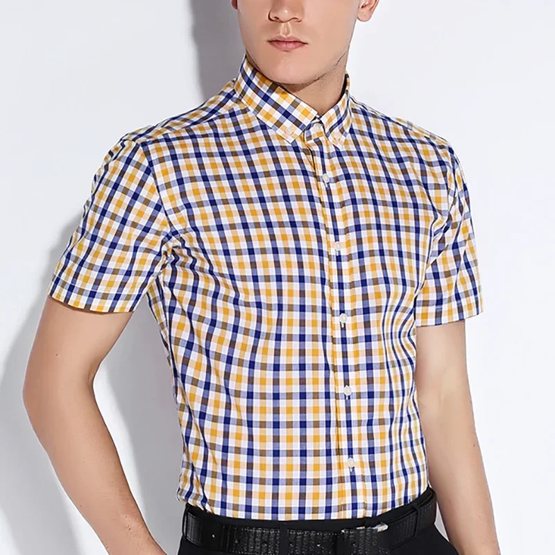

Summer Short Sleeve Plaid Shirts Cotton Button Down Men's Formal Dress Shirt Classic Design Smart Casual Checkered Shirt