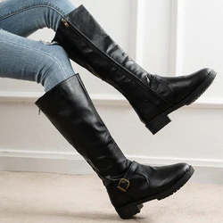 Thigh high Boots brown Women Vintage leather Square Heel Zipper knee height buckle Boot Keep Warm Round Toe Shoes British Style