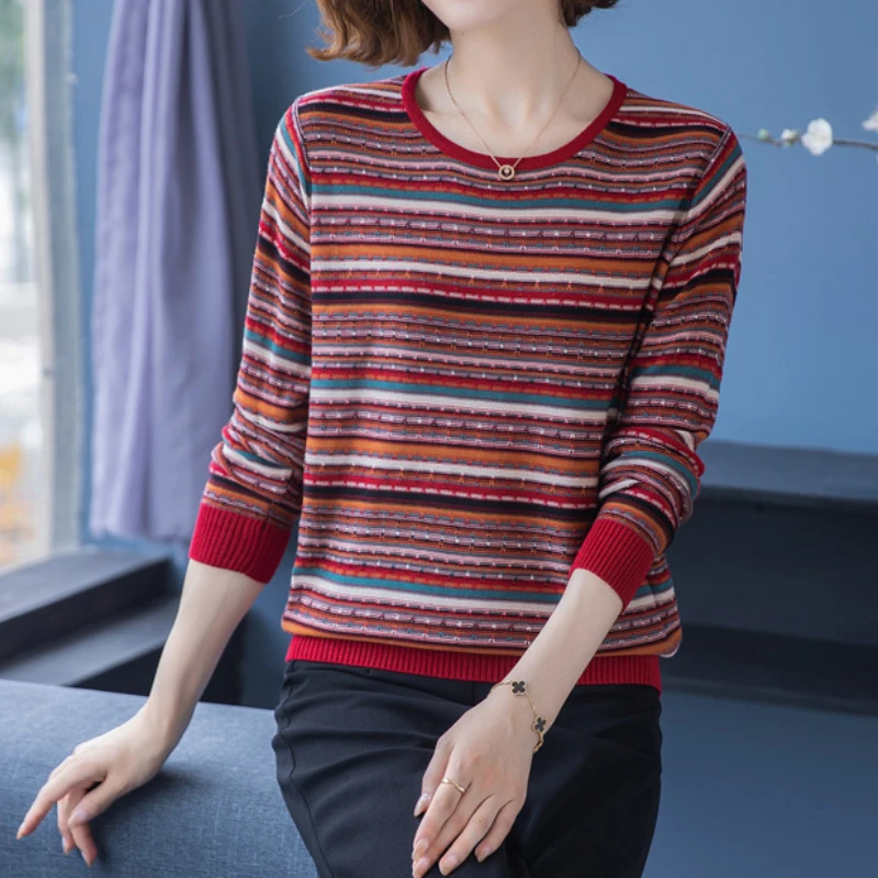 Autumn Women Stripe Print Thin Sweater Loose Knitted Sweater Casual Pullover Jumpers 2022 New Female O Neck Bottom Tops Elegant