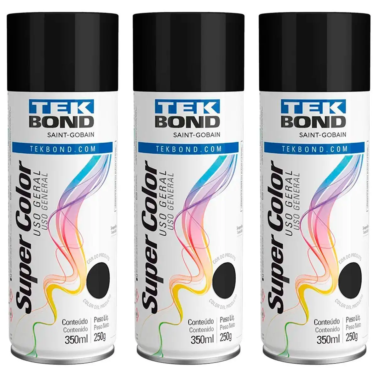 Kit 3 Cans Spray Paint Black Color Matte General Use Tekbond