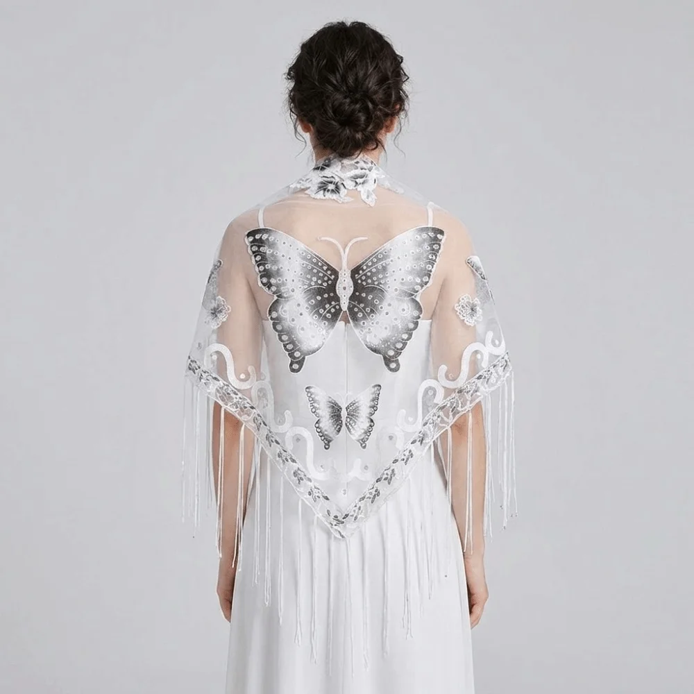 

Elegant Flower Lace Hollow Scarf Butterfly Embroidery Tassel Triangle Shawl Solid Color Wraps Mesh Scarves Summer