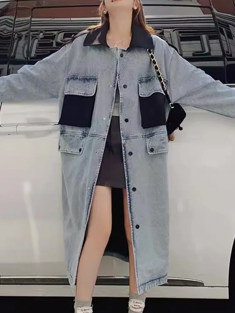 GVUW Denim Trench Coat Women Color Block Single Breasted Full Sleeve Lapel Medium Long Pockets New 2024 Fashion Tops 17G3008