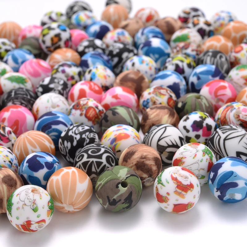 10Pcs 15mm Colorful Print Leopard Pattern Silicone Beads Ball Shape Teething Jewelry Beads For Teether Pacifier Chain Necklace