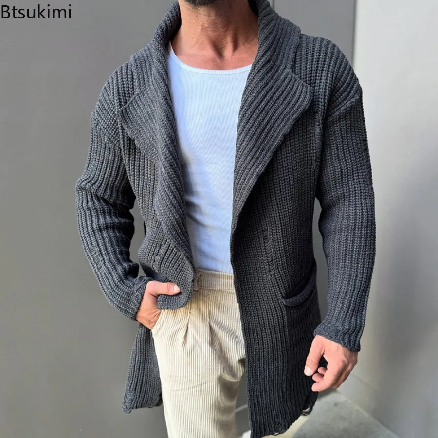 

Vintage Casual Men's Knitted Cardigan Jacket Autumn Winter Lapel Pocket Hooded Knit Coats Design Trendy Outerwear Sweatercoats