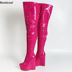 Ronticool Handmade Women Winter Platform Thigh Boots Patent Wedges Heel Round Toe 10 Colors Night Club Shoes Women Us Size 5-20