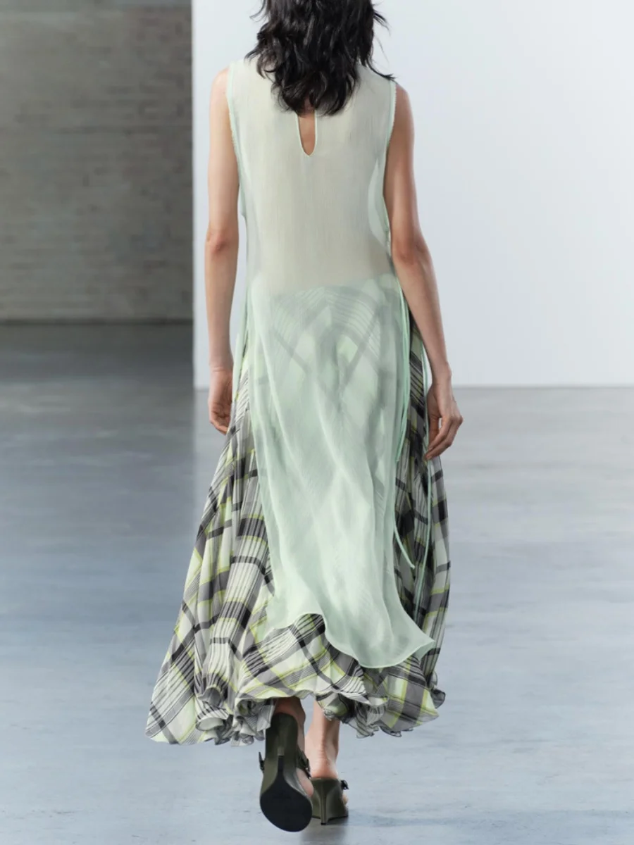 新しい夏の女性のラウンドネックノースリーブドレープオープンデザインロングシャツスタイルトップエレガントカジュアルファッションレディースドレス